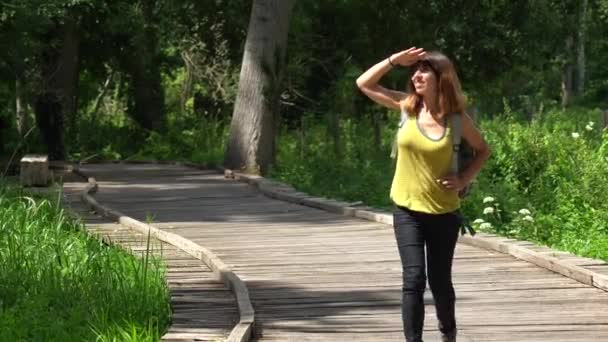 Молодая Женщина Тропинке Вдоль Пешеходного Моста Между Гарет Кулон Маре — стоковое видео