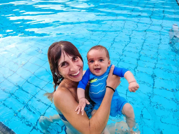 Young Caucasian Mother Her Baby Enjoying Summer Bathing First Time Stock Image