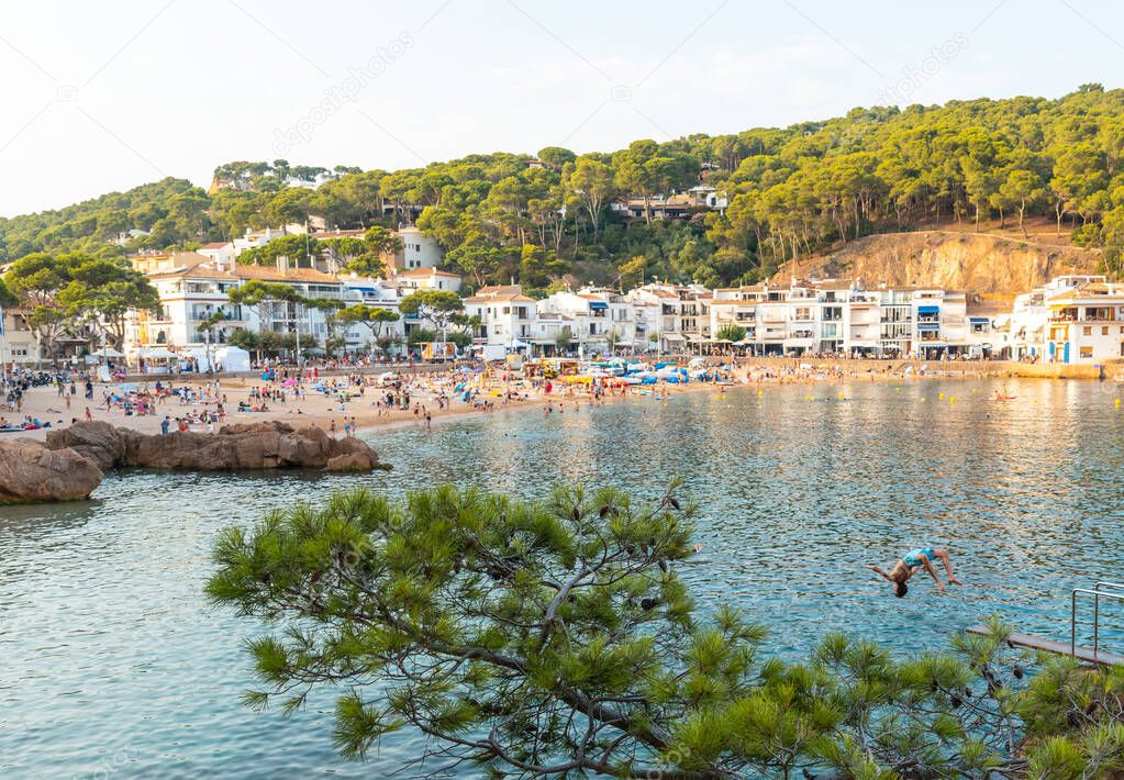 Tamariu beach in the town of Palafrugell in the summer sunset. Girona, Costa Brava in the Mediterranean