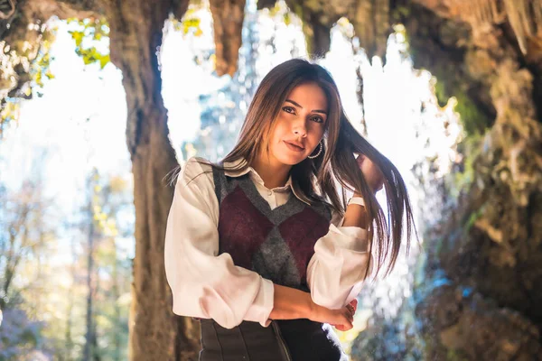 Caucasian Brunette Girl Schoolgirl Black Skirt Maroon Boots Cave One — Stock Photo, Image