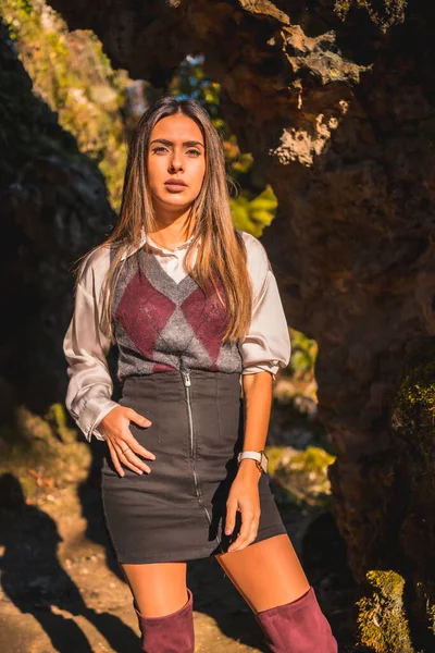 Caucasian Brunette Girl Schoolgirl Black Skirt Maroon Boots Autumn Afternoon — Stock Photo, Image