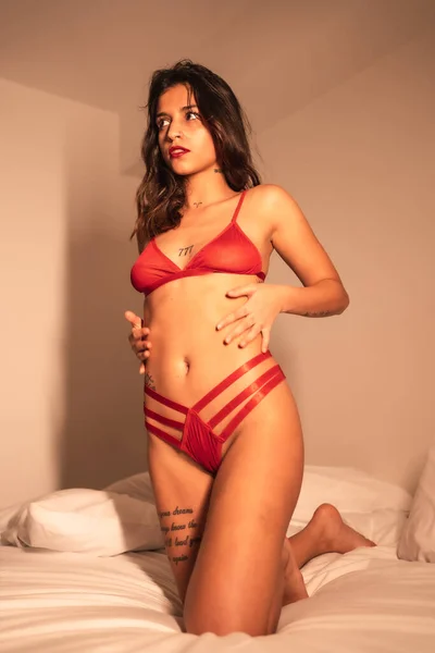 Estilo Vida Morena Sexy Chica Caucásica Con Corsé Apretado Rojo —  Fotos de Stock