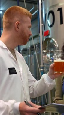 Profesyonel bira fabrikası çalışanları yeni demlenmiş bira örneğini tadıp değerlendiriyor, kalitesini ve lezzet profilini tartışırken büyük paslanmaz çelik fermantasyon tanklarının yanında notlar alıyor.