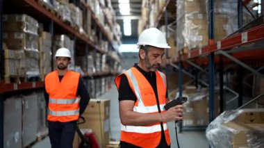 Bir meslektaşı büyük bir dağıtım merkezinde bir palet krikosunun üzerindeki kutuları taşırken, bir yandan da el bilgisayarı barkod tarayıcısı kullanarak kaskla güvenlik yeleği giyerek lojistik yöneticisi.