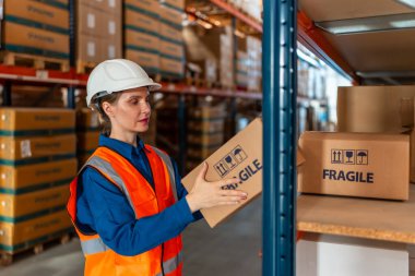 Güvenlik teçhizatı işçisi kırılgan bir paketle ilgileniyor, modern bir dağıtım deposunda envanter düzenliyor, verimli bir tedarik zinciri yönetimi ve depolama sistemi sağlıyor.