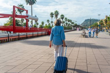 Sunny Boardwalk boyunca elinde bavuluyla yürüyen yaşlı bir kadın palmiye ağaçları ve kendine özgü kırmızı bir köprüyle rahat bir tatil ya da tatil yapıyor.