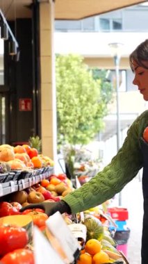 Önlük takan genç bir manav kadın ve eldivenler dikkatlice olgun, taze domatesleri bir müşteri için açık hava pazarında renkli meyve ve sebze vitrinlerinden seçiyor.