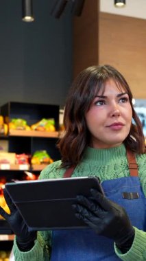 Dost canlısı kadın bakkal çalışanı önlük ve eldiven giyip müşteriye dijital tablet kullanarak modern bir süpermarket koridorunda mükemmel bir gülümseme sunuyor.