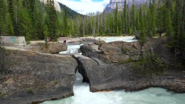 Turistler, Banff Ulusal Parkı 'nda, Kanada kayalıklarının bir parçası olan nehir boyunca uzanan kaya oluşumuna, doğal köprüye hayran.