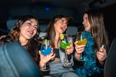 Üç genç kadın gece arabada seyahat ederken eğleniyor, neşeli alkollü içkilerle gülüyor ve tezahürat yapıyor, arkadaşlığı kutluyor, özel bir gün, ya da yeni yıl partisini kutluyor.