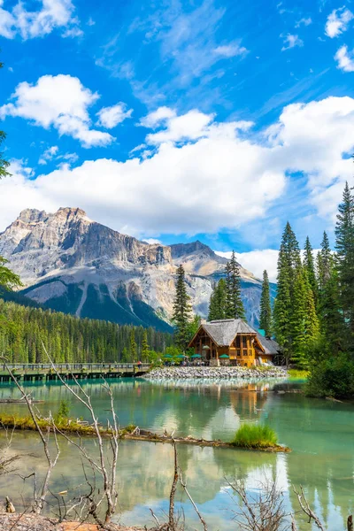 Zümrüt göl pansiyonu, güneşli bir yaz gününde, Yoho Ulusal Parkı 'ndaki Kanada kayaları ve çam ormanı tarafından çerçevelenen turkuaz suları yansıtıyor.