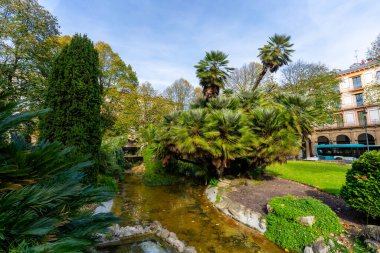 Gipuzkoa Meydanı parkında bereketli palmiye ağaçları ve dolambaçlı bir göleti çevreleyen yeşil yapraklar, geleneksel şehir binaları ve mavi gökyüzünün altında görünen bir halk otobüsü sergileniyor.