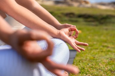 Elleri yeşil çimenlerde otururken meditasyon yapan bir kadın gündüz vakti açık havada yoga yaparken iç huzura, farkındalığa ve sükunete odaklanıyor.