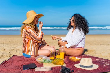 İki farklı kadın kumun üzerinde bir battaniyeye oturmuş, abur cubur ve portakal suyu paylaşıyor, okyanusun kenarında neşeli ifadelerle yaz pikniğinin tadını çıkarıyorlar.