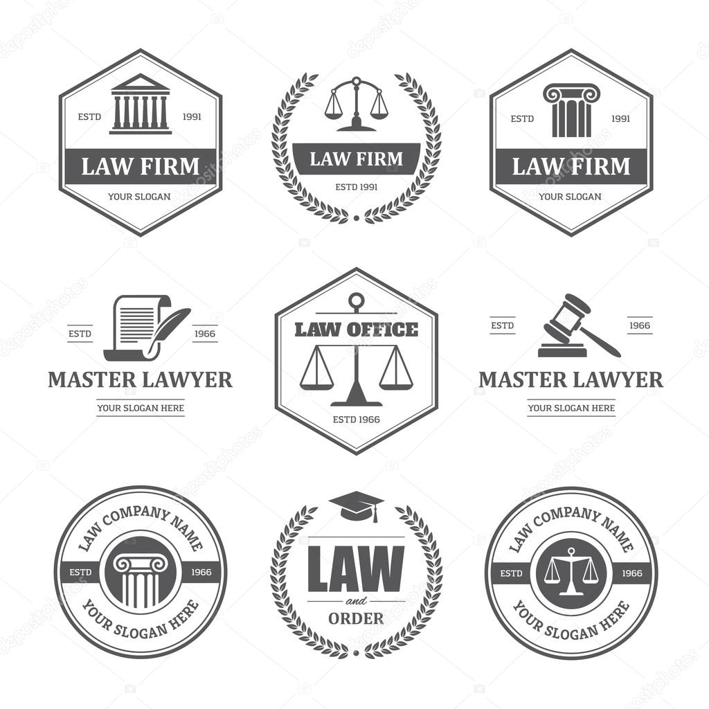 Set of black law office, firm or company, lawyer, attorney services labels, logos, signs and symbols isolated on white background