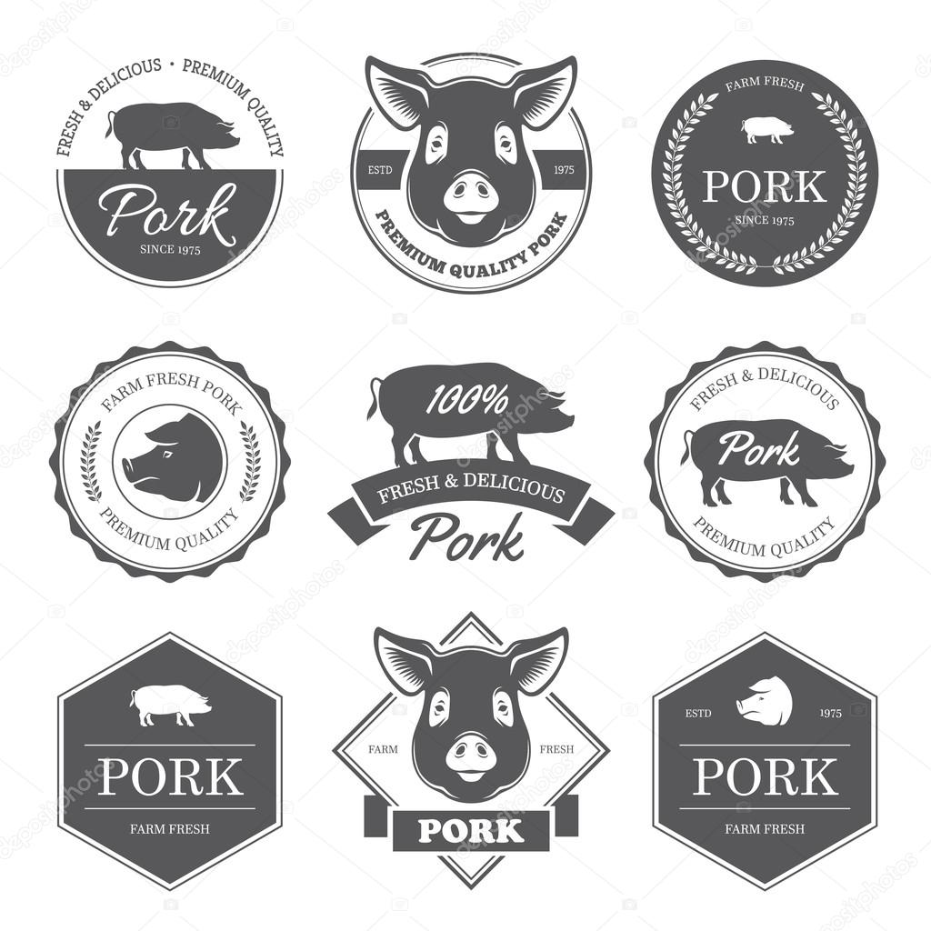 Set of black pork labels, badges, emblems and signs with pig head illustration and silhouette isolated on white background