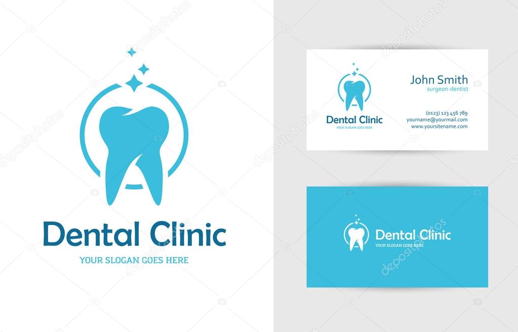 Blue round logo with tooth and business card design template for dental clinic, dentist, teeth care or oral hygiene concept