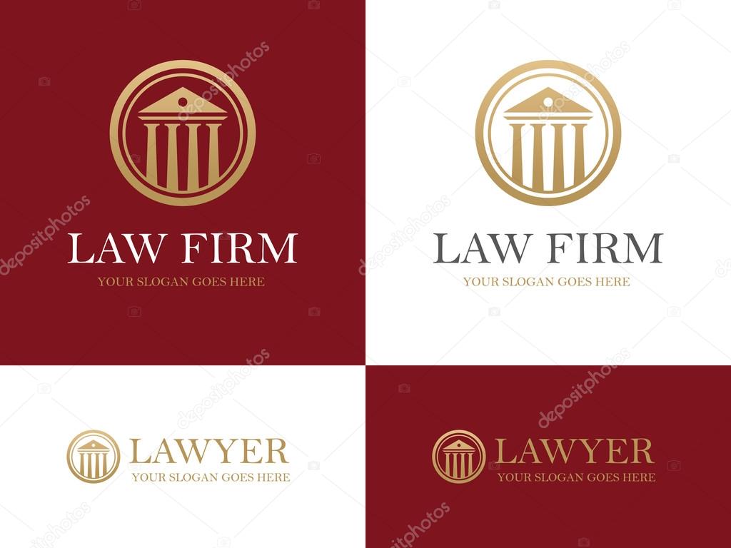 Golden round icon with antique building with columns. Can be used as logo for law firm or company, lawyer office, courthouse, university or bank design concept
