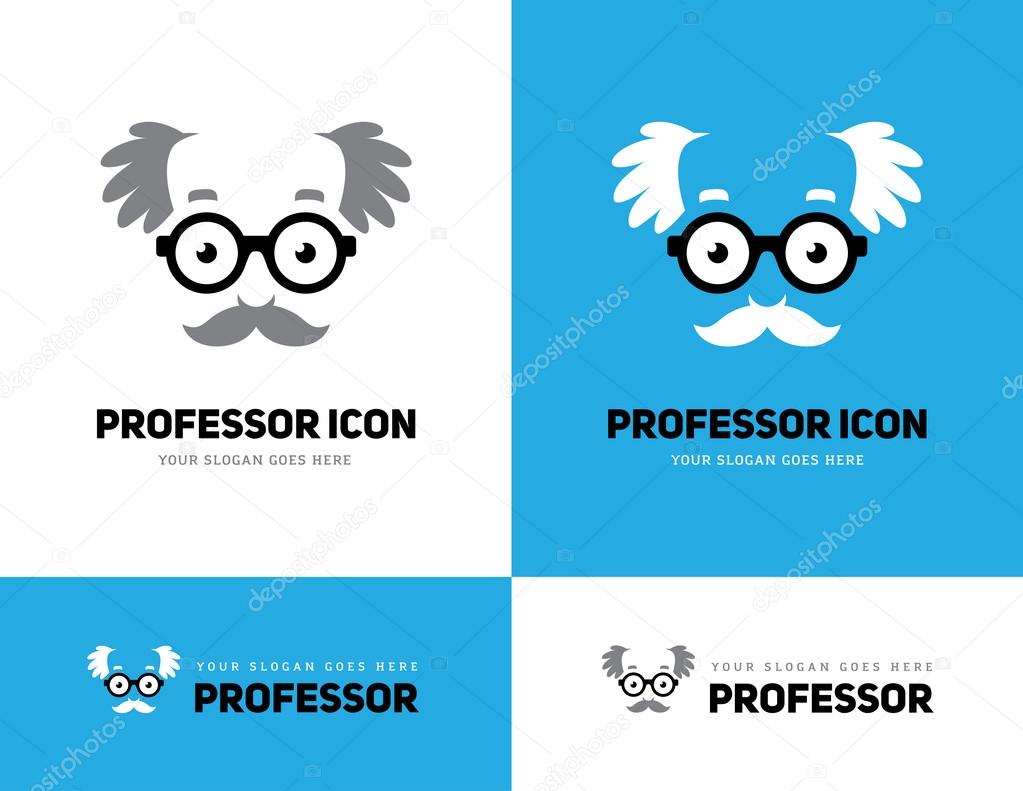 Grey haired old man face in round glasses icon. Professor, teacher or scientist logo. Grandpas face symbol.