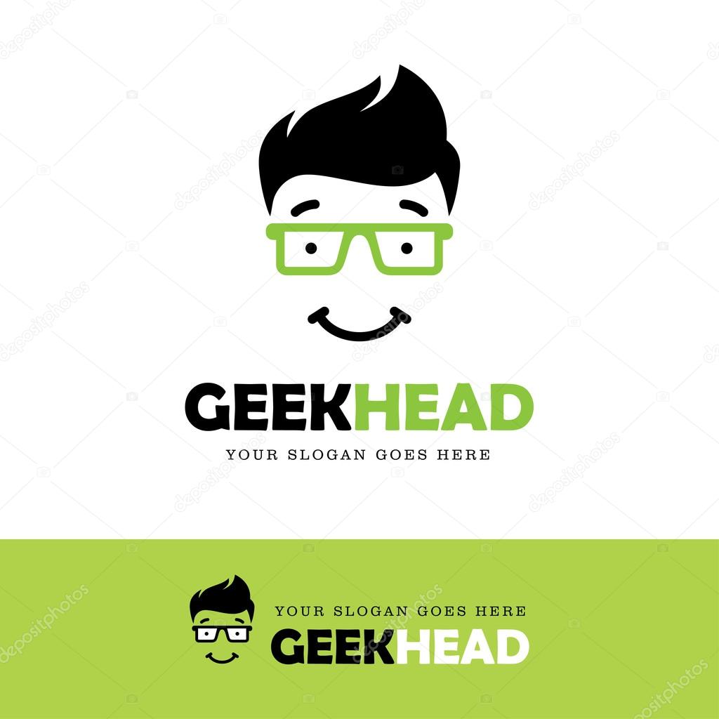 Cute smiling geek face logo in green glasses