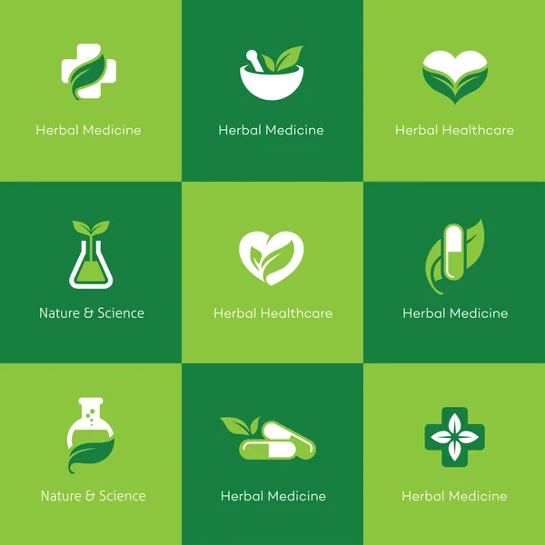 Iconos de hierbas medicinales sobre fondo verde — Vector de stock