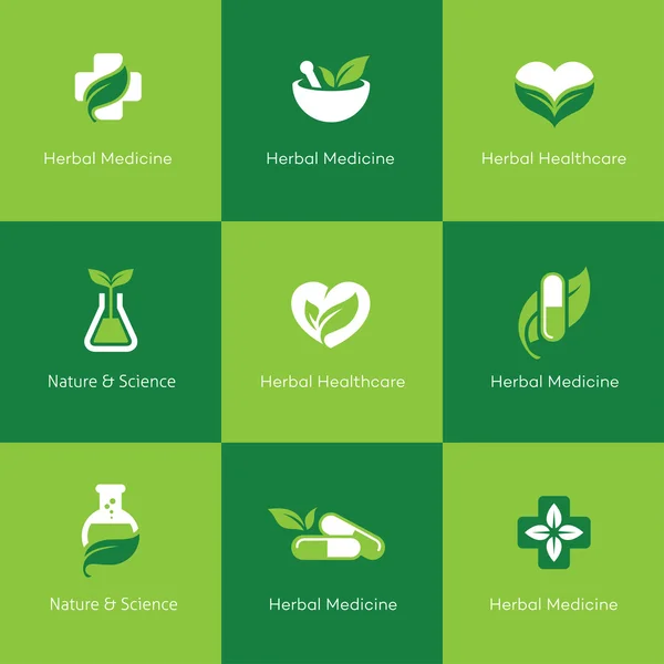 Herbal medicine icons on green background — Stock Vector