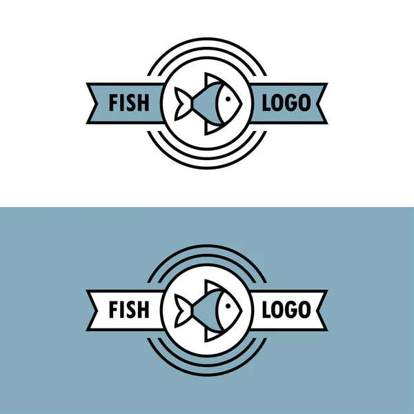 Logo Linéaire Fruits Mer Avec Icône Poisson Ruban Emblème Rond — Image vectorielle