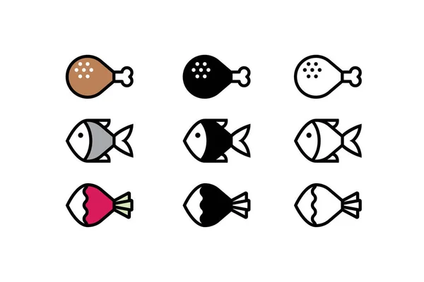 炸鸡腿 鱼和萝卜图标作为肉类 海鲜和素食菜单的符号 — 图库矢量图片