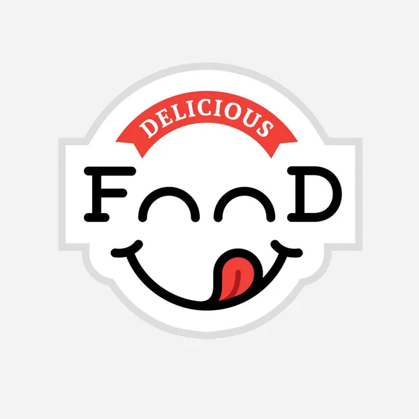 Pyszne Logo Jedzenia Śmieszną Uśmiechniętą Twarzą Usta Wystającym Językiem Pyszny — Wektor stockowy