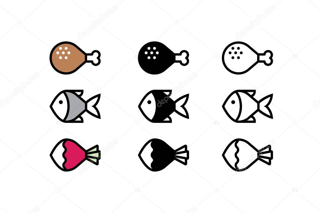 Fried chicken leg, fish and radish icons as symbols for meat, seafood and vegan menu.