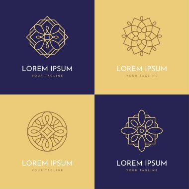 Vektör soyut modern logo tasarım şablonları trend doğrusal tarzında. Zarif geometrik şekiller ayarlandı. Arabesk süsleme ögeleri.