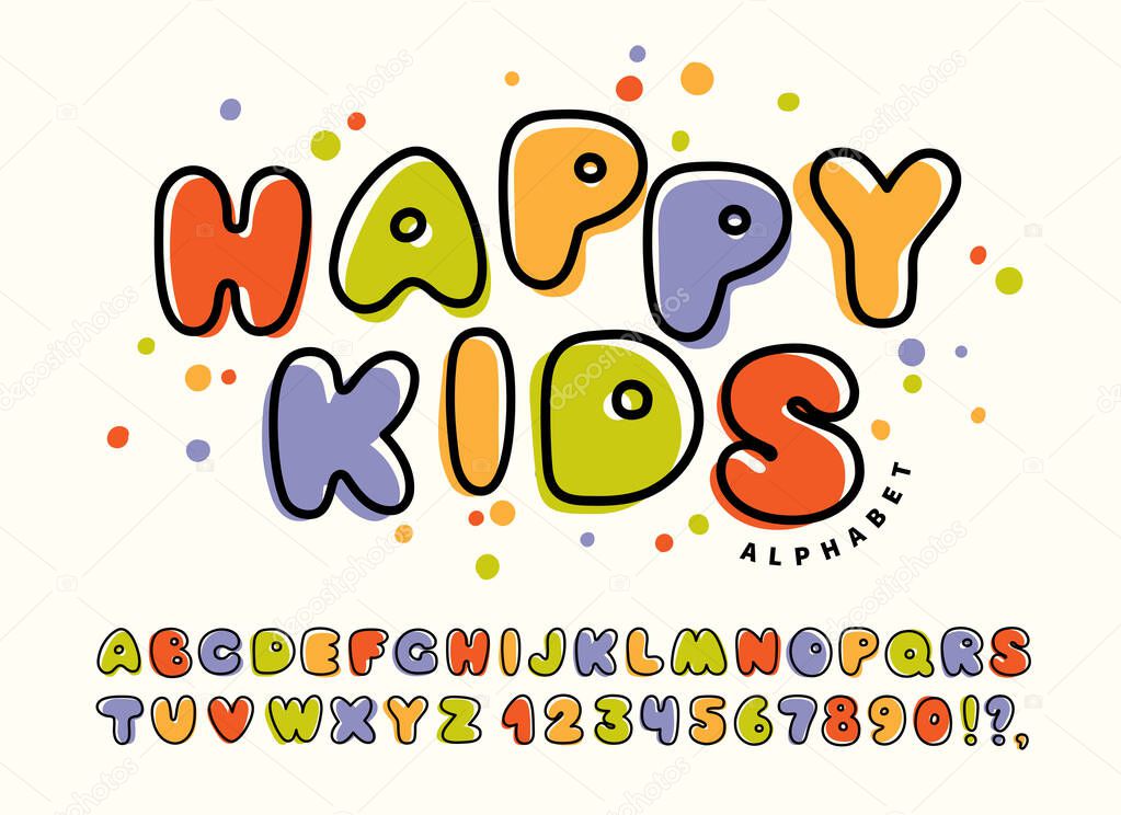 Drawn colorful alphabet for children. Happy kids funny cute font with letters and numbers. Vector illustration.