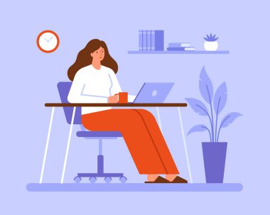 Genç bir kadın elinde bir dizüstü bilgisayarla masada oturuyor. Ev vektörü illüstrasyon kavramından çevrimiçi iş, eğitim, öğrenim ve çalışma.
