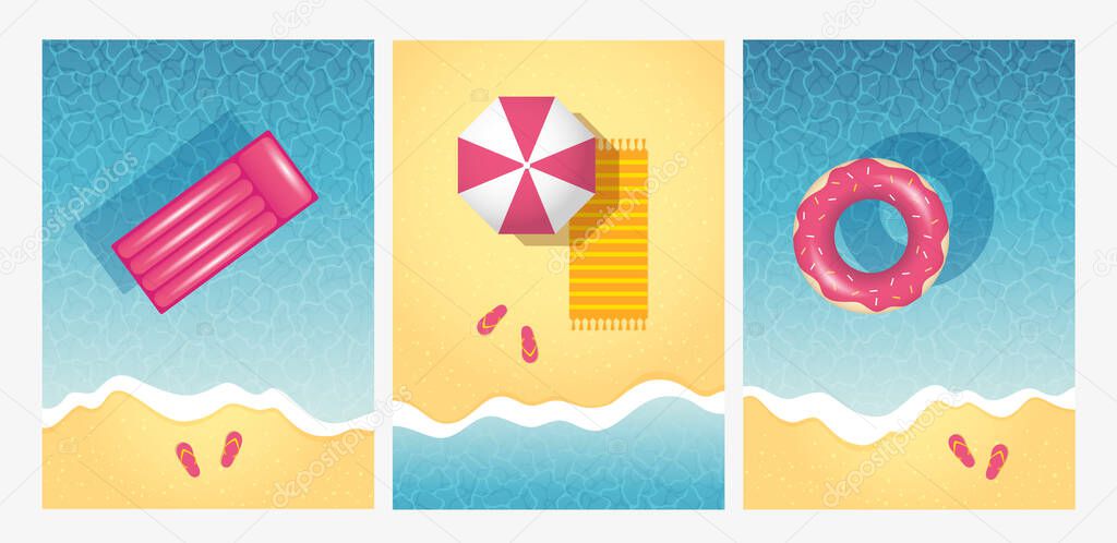 Top view sea beach background with swim ring, inflatable mattress, umbrella and flip flops. Summer holidays, vacation, tourism vector illustration.