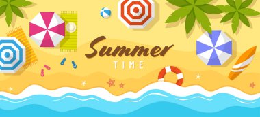 Yaz tatili geçmişi. Tropik plaj üst görünüm vektör çizimi.