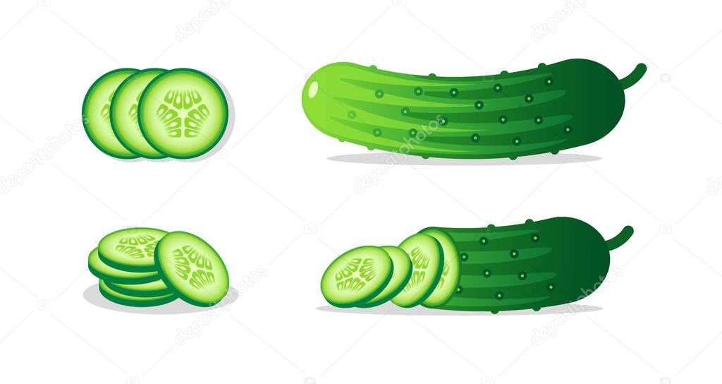 Vector illustration set of whole cucumber, half, sliced and slices. Vegetable icon. Healthy, vegetarian food logo, symbol.