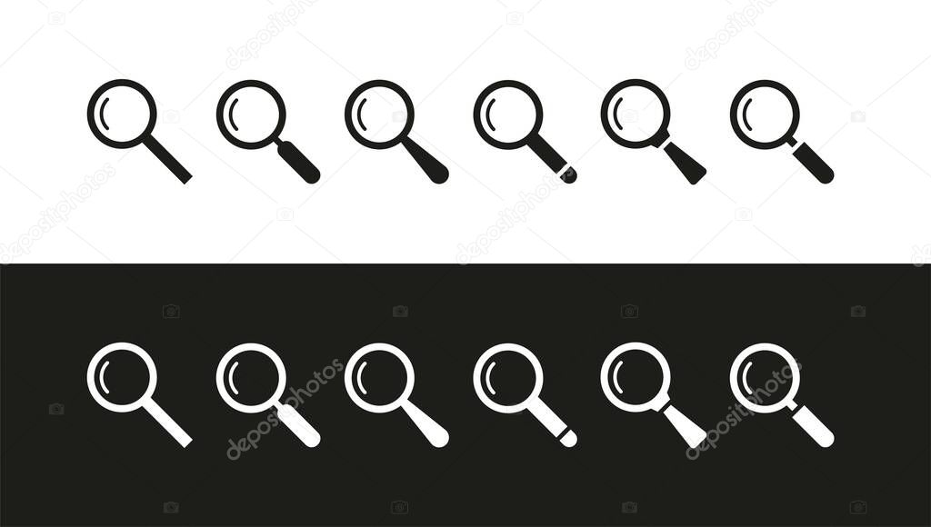 Vector search icons set in black and white colors. Magnifying glass symbol.