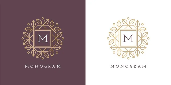 Logotipo Floral Monograma Emblema Modelo Design Etiquetas Forma Círculo Quadro — Vetor de Stock