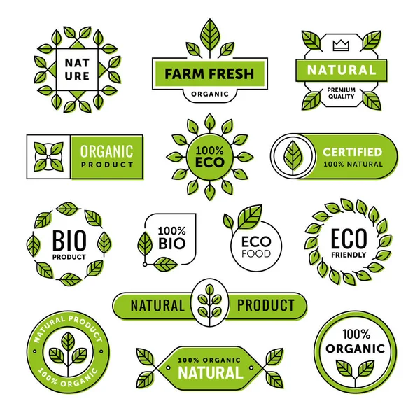 有机和自然的标志 徽章设置 生态和生物制品图标 素食符号 绿叶标识 — 图库矢量图片