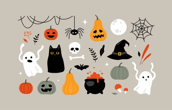 Zestaw Halloween Clipart Zbiór Uroczych Ilustracji Wektorowych Elementów Konstrukcyjnych — Wektor stockowy