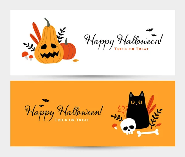 Δύο Οριζόντια Halloween Πανό Χαριτωμένο Γάτα Και Κολοκύθα Αστείο Πρόσωπο — Διανυσματικό Αρχείο