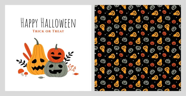 Ilustración Halloween Tres Calabazas Con Caras Divertidas Patrón Negro Sin — Vector de stock