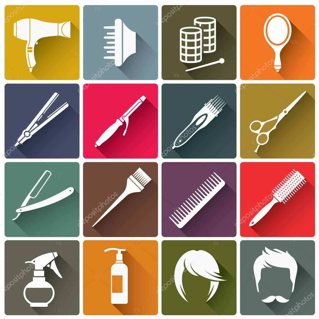 Square colorful hairdressing equipment icons