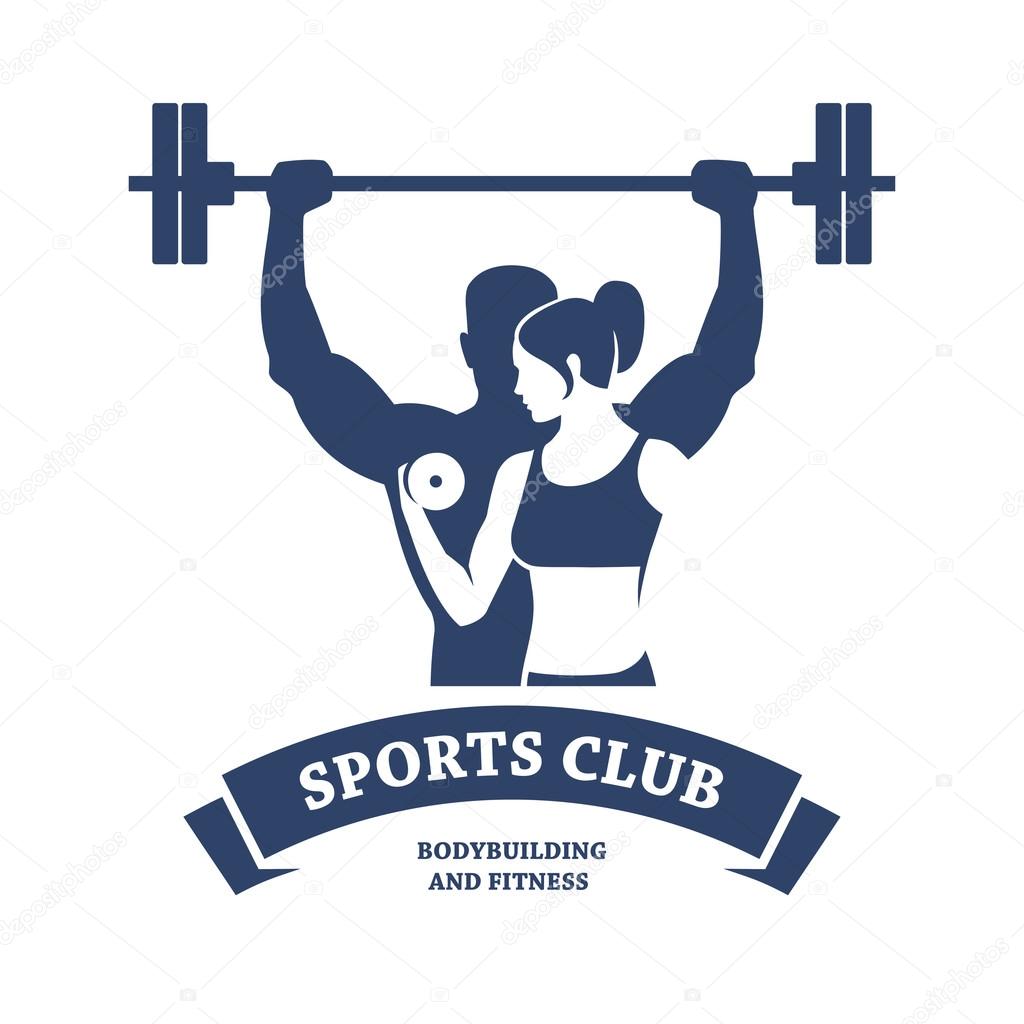 Abstract graphic illustration with silhouettes of man with barbell and woman with dumbbell as a design for logo, banner or poster for bodybuilding or fitness club. Isolated on white background.