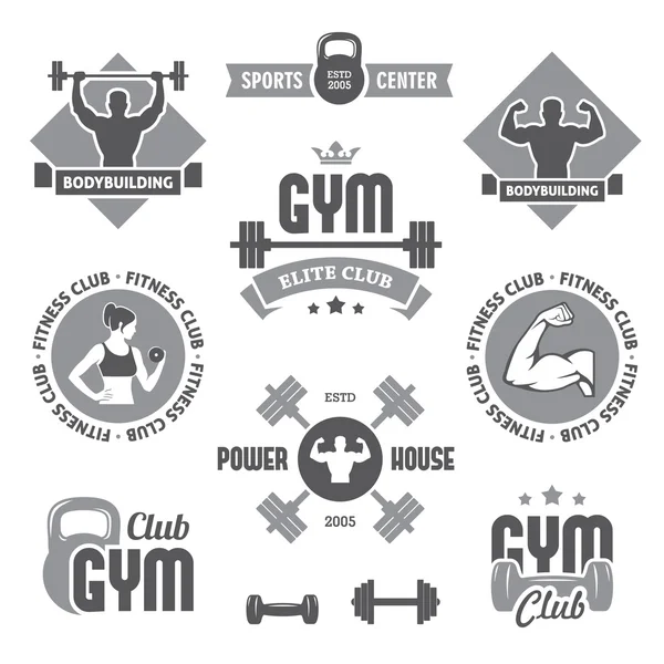 Etiquetas de gimnasio monocromáticas — Vector de stock