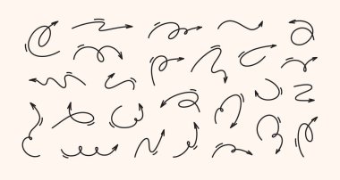 Linear hand drawn curly doodle arrows set in playful style.