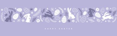Paskalya yatay sınırı, arka plan veya afiş tasarımı şirin tavşan siluetleri, yumurtalar ve çiçek elementleriyle. Şenlikli, pürüzsüz desen, bahar tatili çizimi..