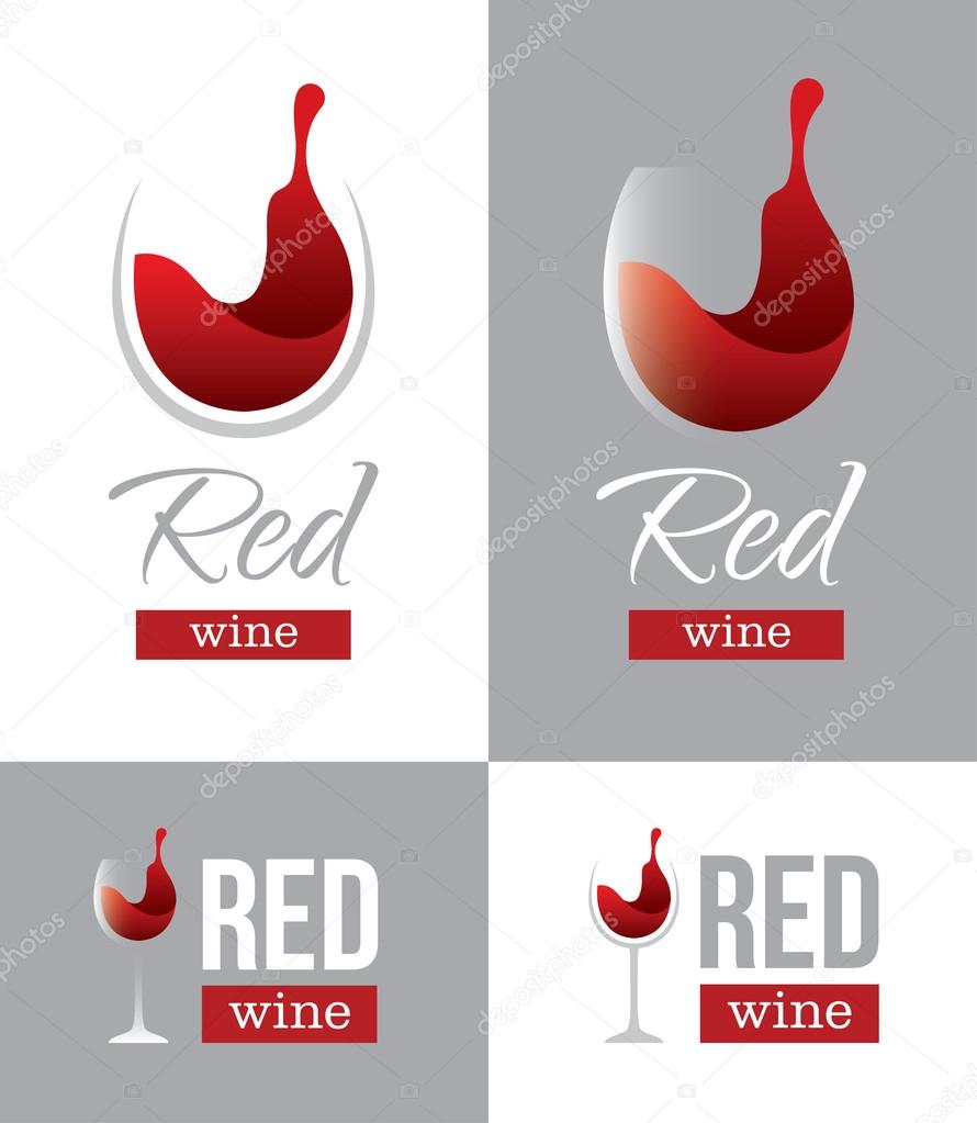 Abstract red wine logo with wine glass and text isolated on white and gray backgrounds