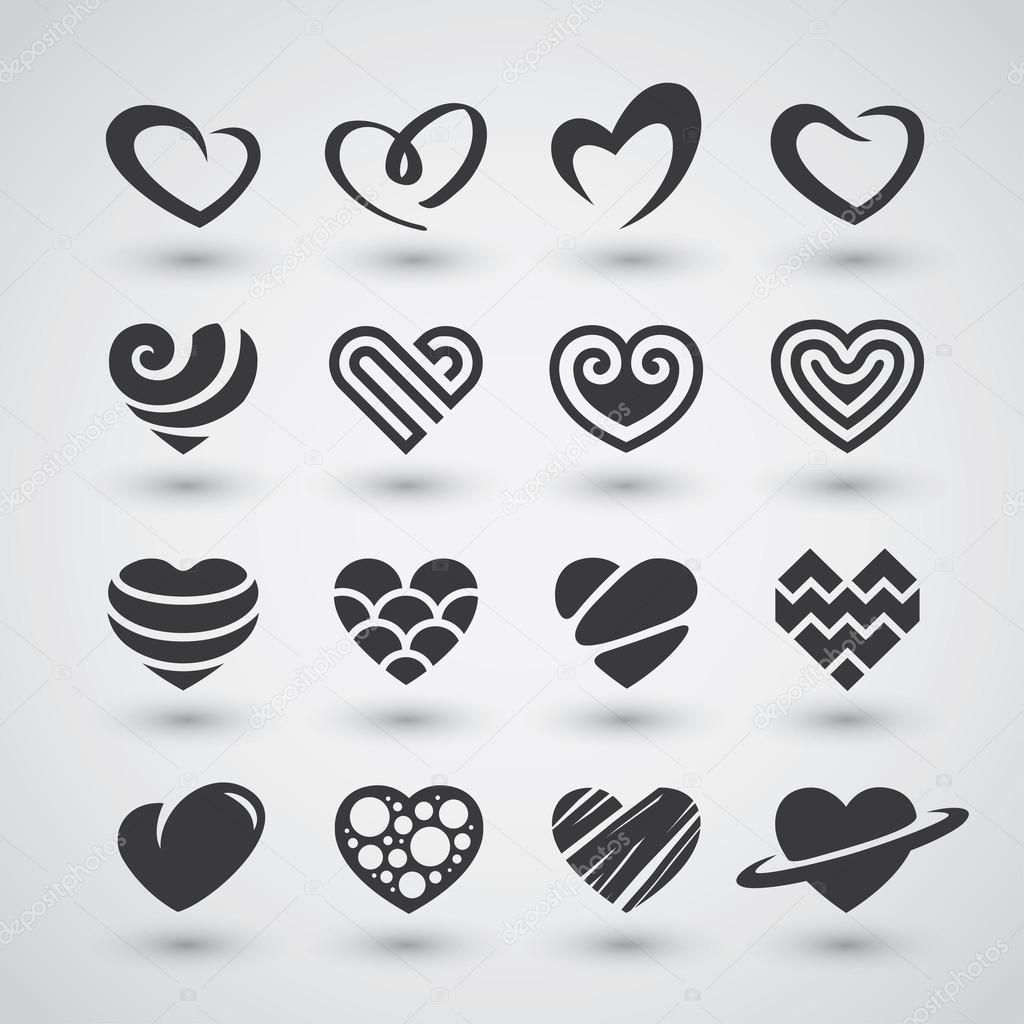 Set of black heart icons, logos, signs and symbols for love, romantic, passion, Valentines Day or wedding day design concept