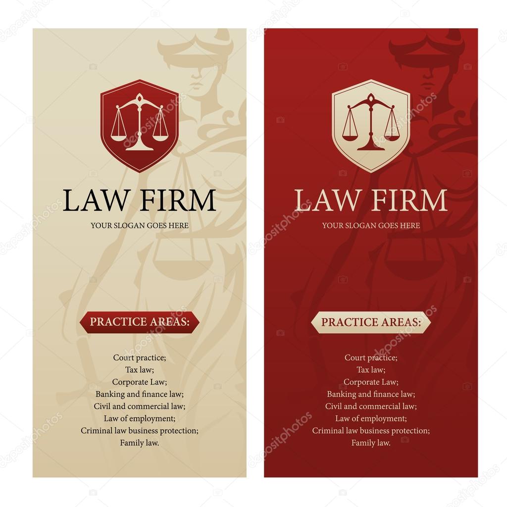 Vertical design template for law office, firm or company with justice scales logo and Themis statue silhouette on background. Can be used as web banner, poster, brochure, leaflet or flyer etc.
